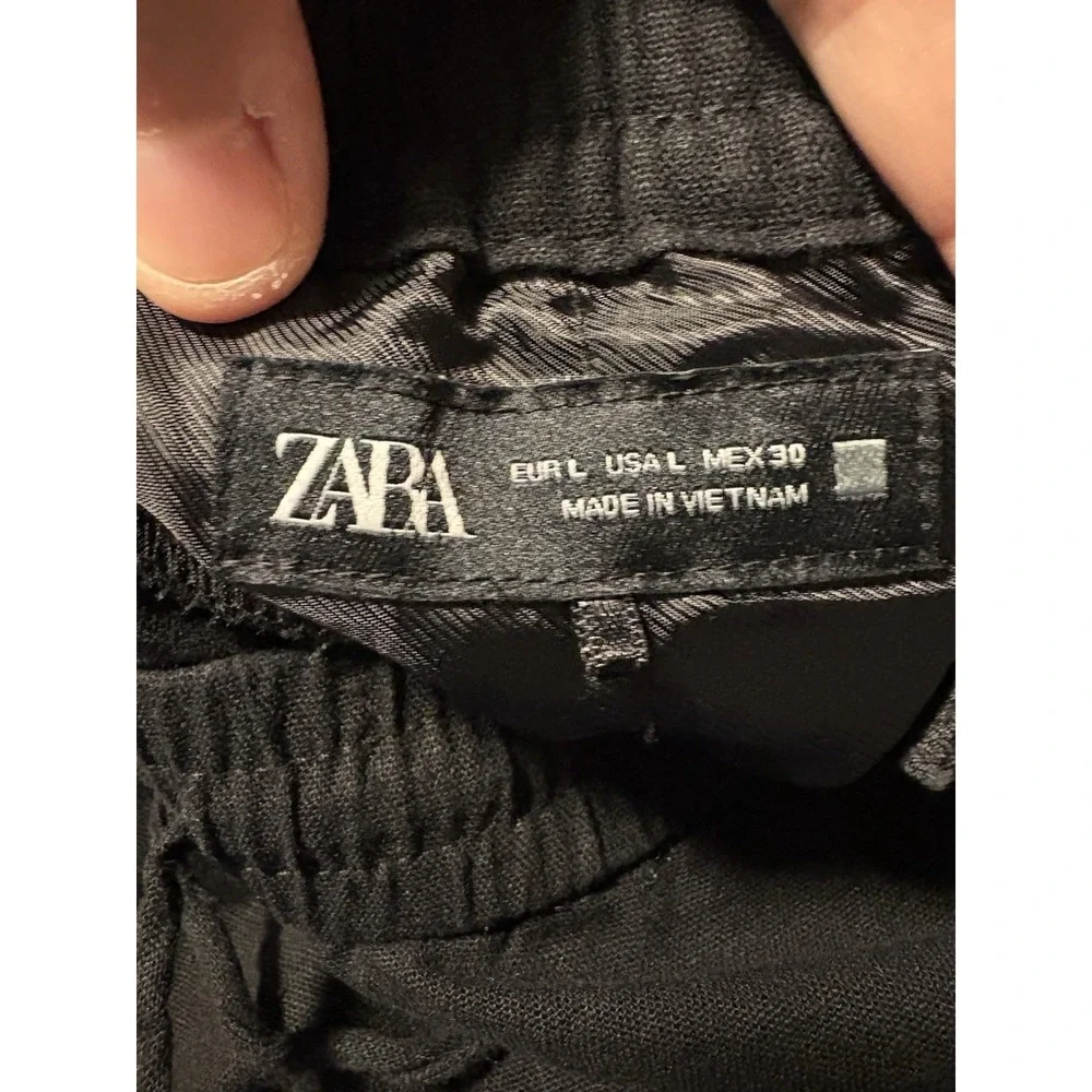 Zara Linen Blend Pants Women Large Black Wide Leg Elastic Drawstring Trousers